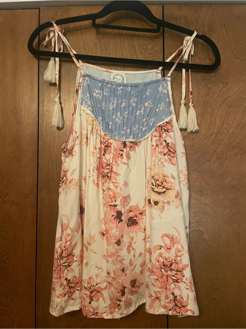 Blue Rain Cream Floral Tie-Shoulder Camisole with Blue Yoke